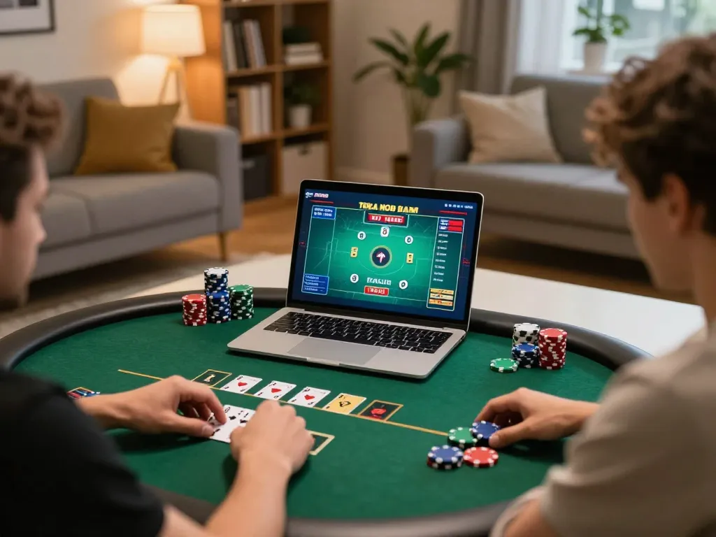 S88 online casino gaming scene with player engaged in poker strategies on laptop.
