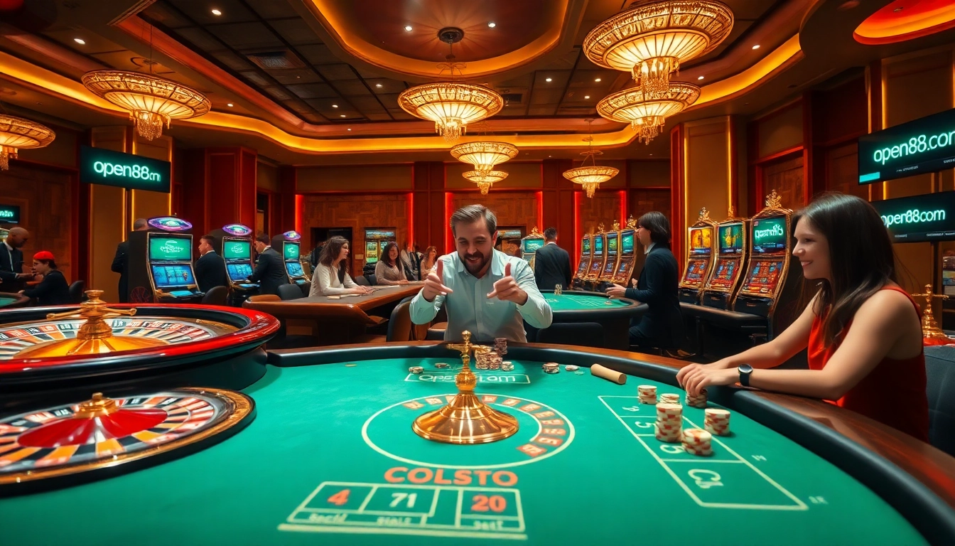 Experience the excitement of online gambling with Open88 com featuring vibrant casino tables and slot machines.