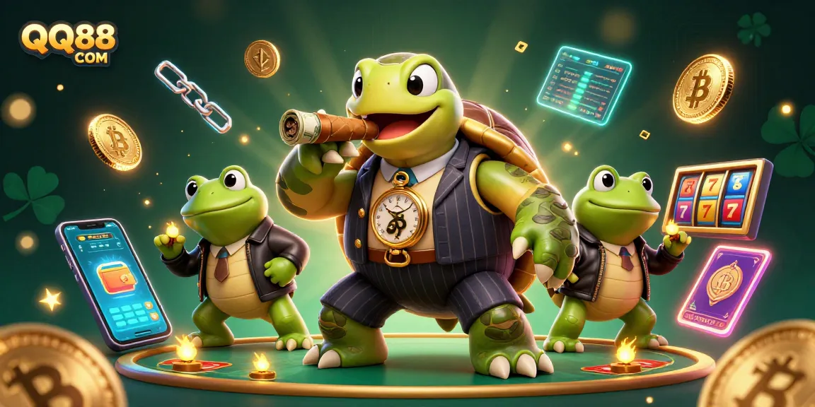 Engage in gaming excitement with QQ88 COM featuring an animated turtle and bullfrogs amidst dazzling casino elements.