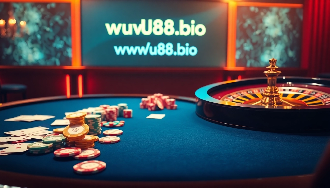 Experience the thrill of gambling at https://uu88.bio/ with colorful poker chips and an elegant casino backdrop.