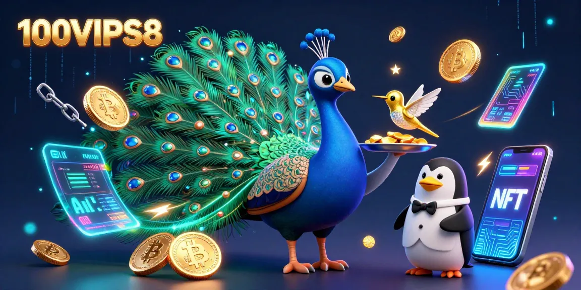 Experience thrilling gameplay at 100VIPS8, where a dazzling peacock leads a victory scene filled with crypto coins and casino elements.