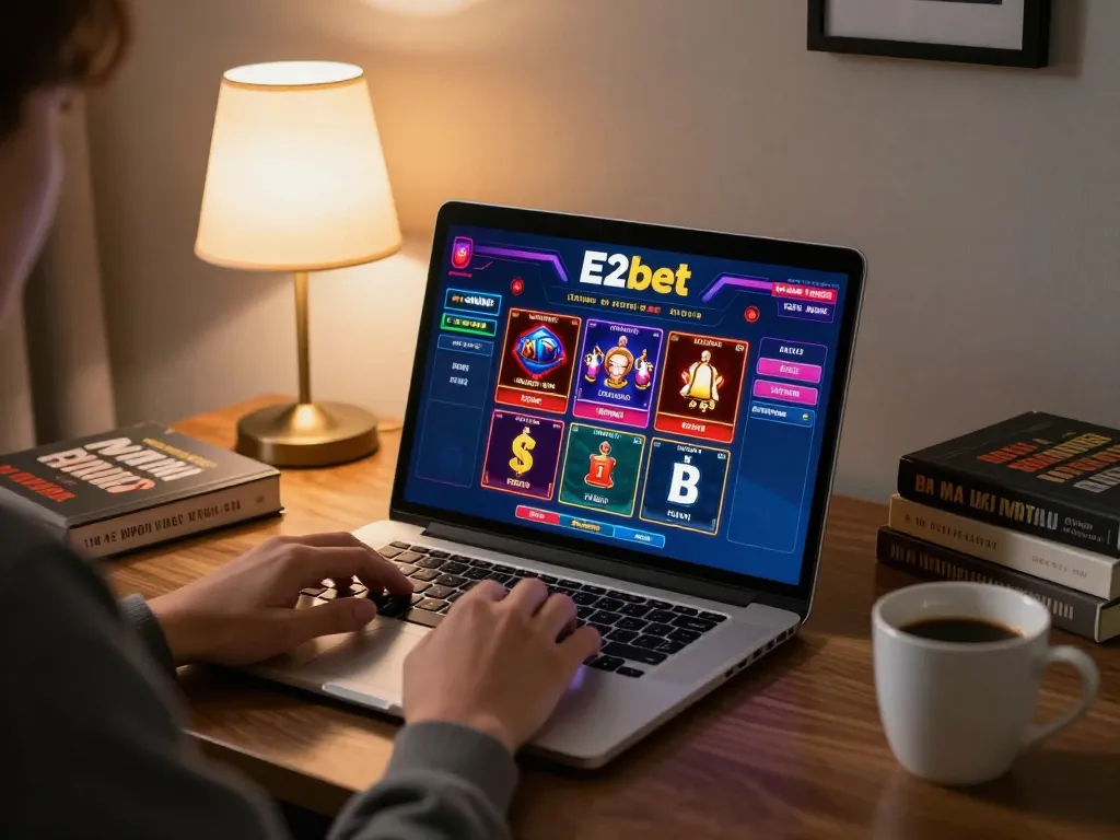 E2bet online gaming experience with person engaging in strategic play on laptop in cozy home setting