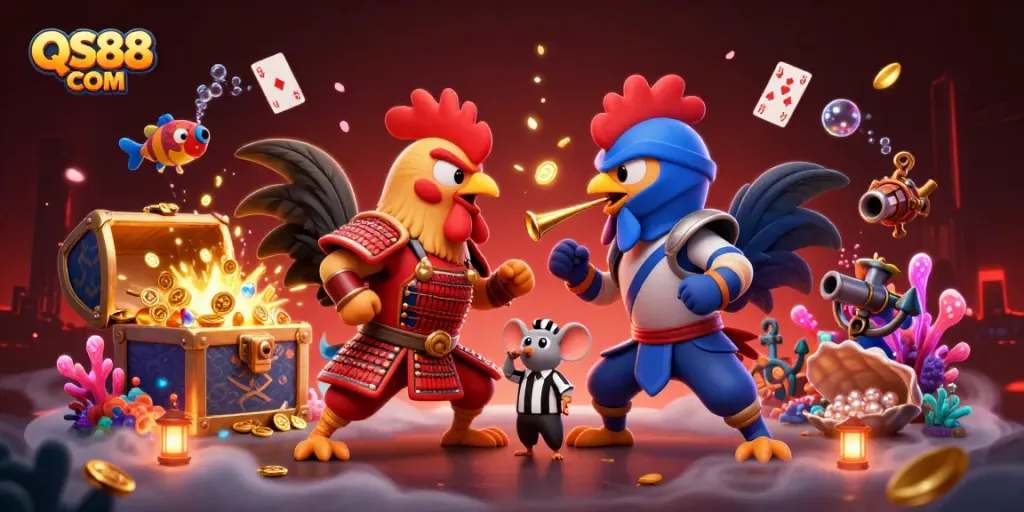 Experience thrilling gameplay at QS88 COM with fierce roosters and underwater treasures in a vibrant casino scene.