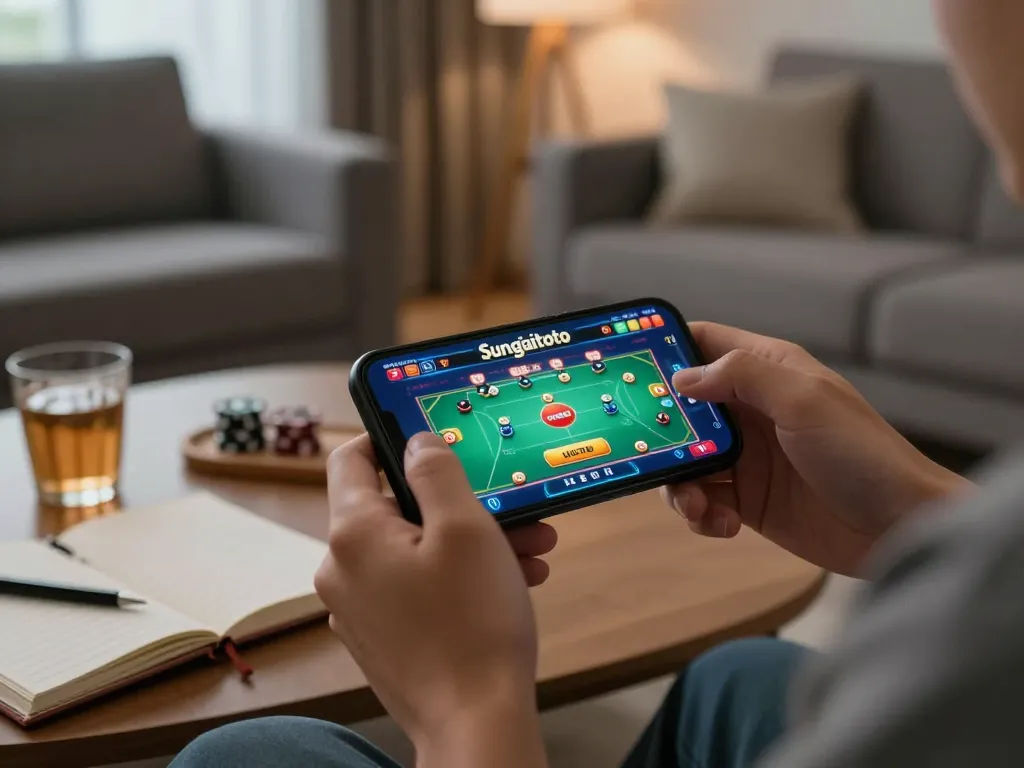Sungaitoto player engaging in live dealer game on smartphone with strategic notes beside.