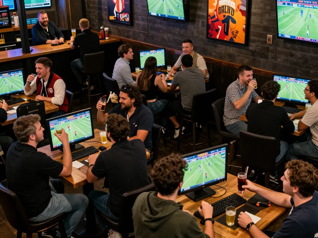 GEM88 players engaging in live sports betting excitement at a busy bar