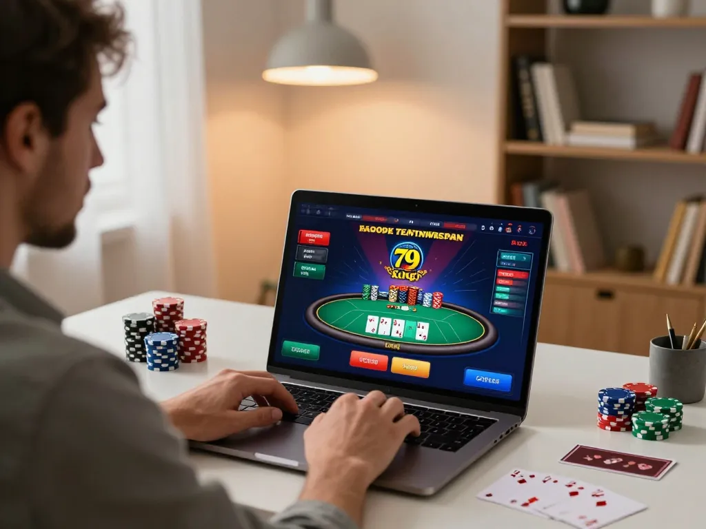 Player engaging with a poker game from 79 king on their laptop, representing strategic online gambling