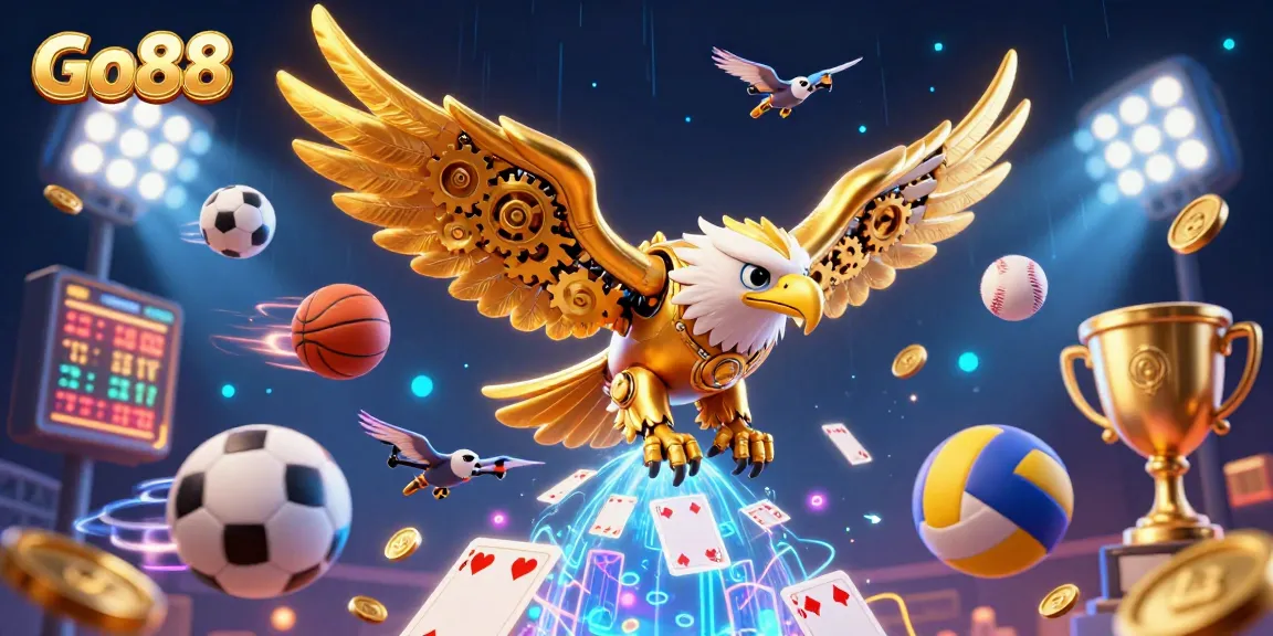 Engage in thrilling gaming adventures at Go88 with a dynamic 3D illustration featuring cybernetic eagle and sports elements.