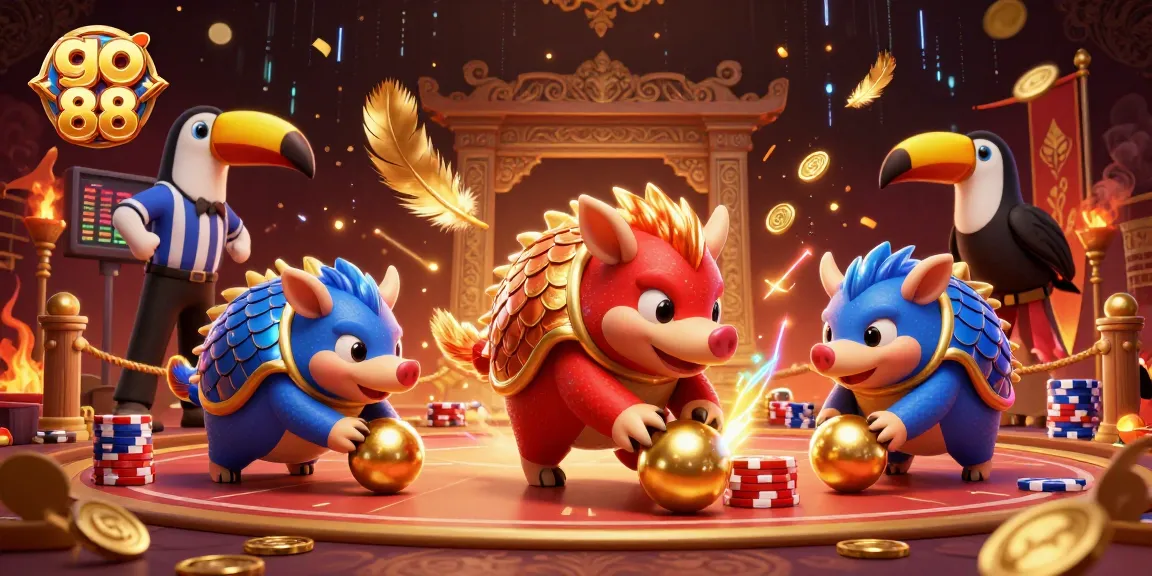 Experience the thrill of go 88 as rival pangolins bowl through poker chips in a vibrant casino scene.