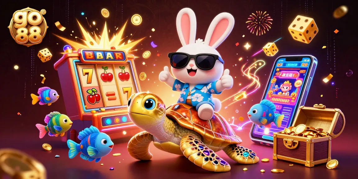 Experience the excitement of go 88 with a lucky rabbit and golden turtle in a vibrant casino scene.