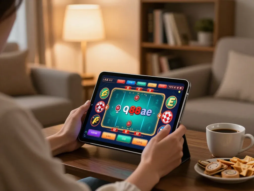 Person enjoying online gaming on tablet, showcasing qq88ae interface in a cozy atmosphere.
