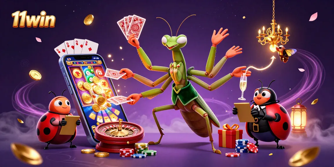 Engage in thrilling gaming with 11win's vibrant casino scene featuring dynamic characters and game elements.
