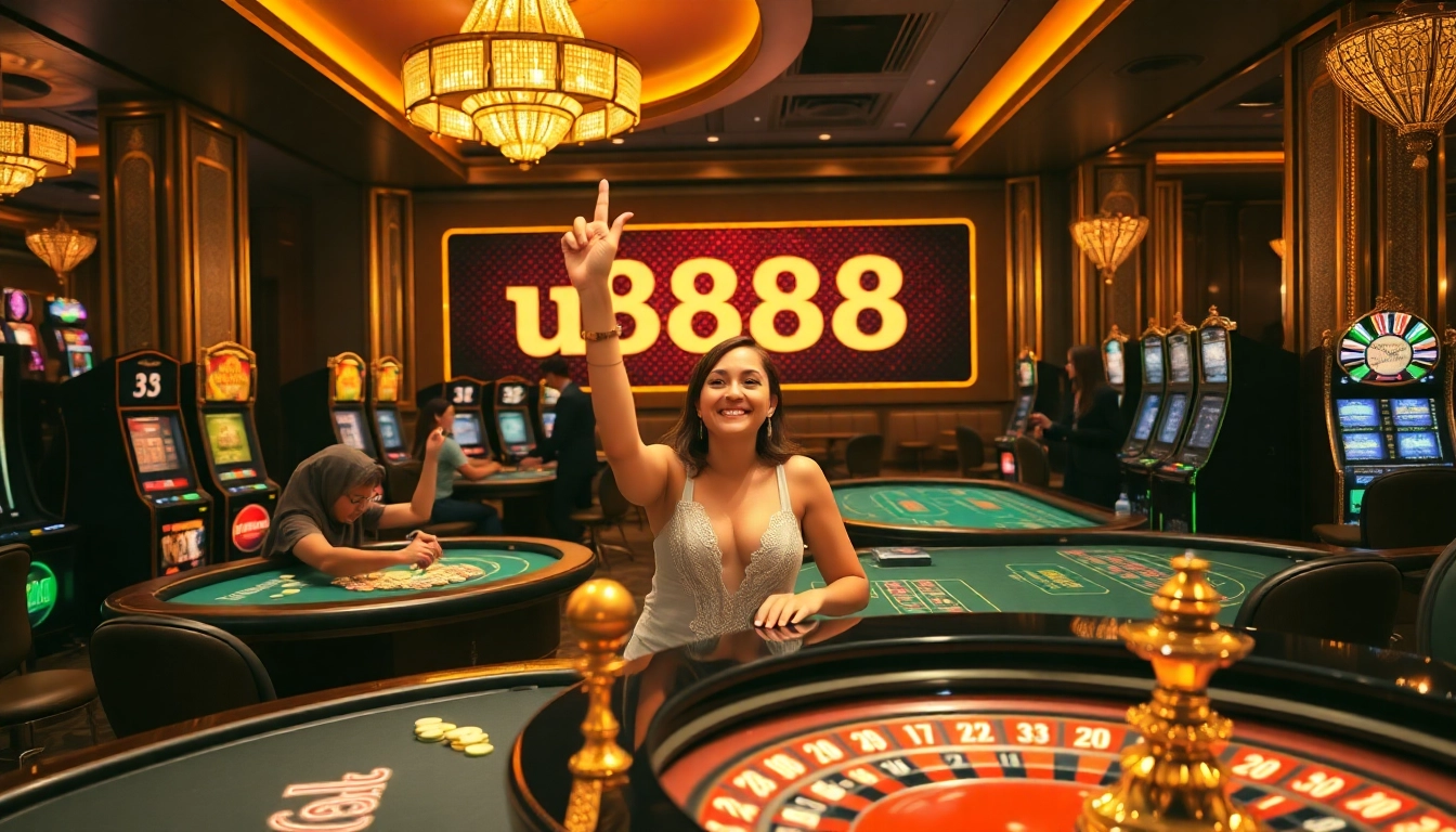 Experience the excitement of u88888 at a luxurious casino with vibrant tables and celebrating players.