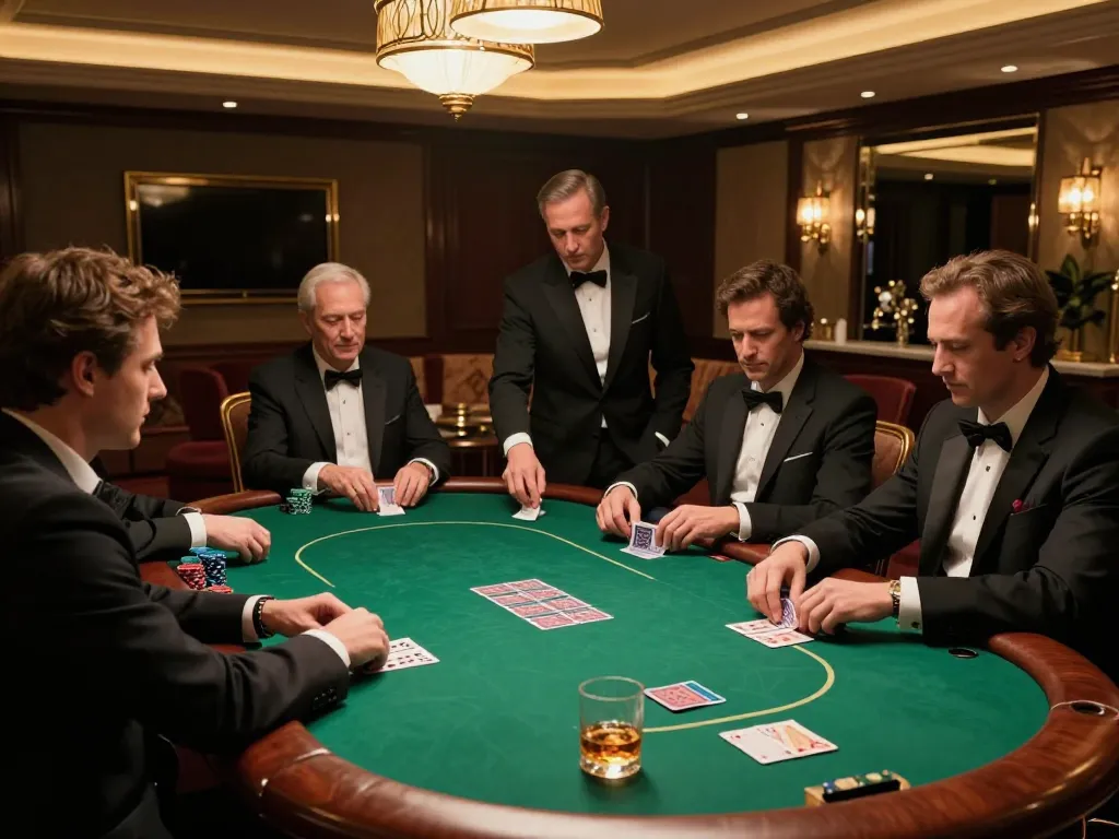 Vipwin exclusive poker night, intense players in a luxurious setting surrounded by rich decor