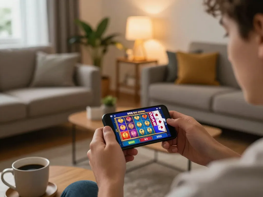 Engaging with 999bet mobile app on smartphone in a cozy gaming setup at home.