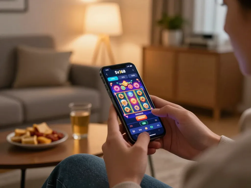 Engaging mobile user enjoying Sv368 casino app on smartphone in a cozy home setting.