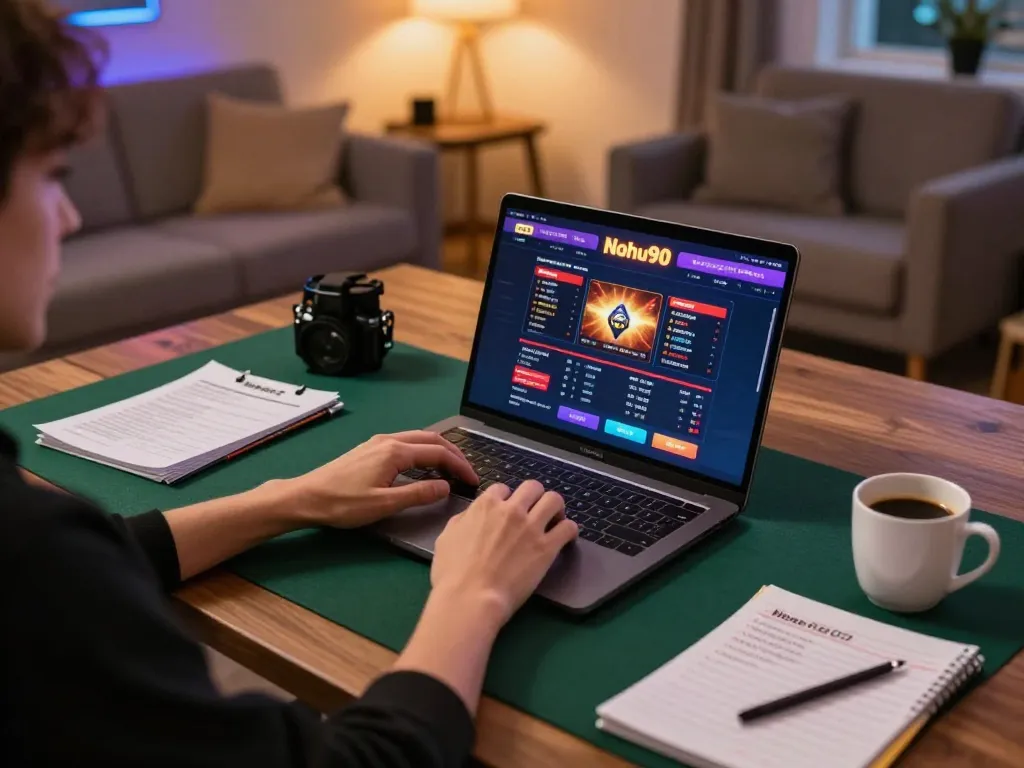 Nohu90 player immersed in online gaming, analyzing strategies at home with warm lighting.