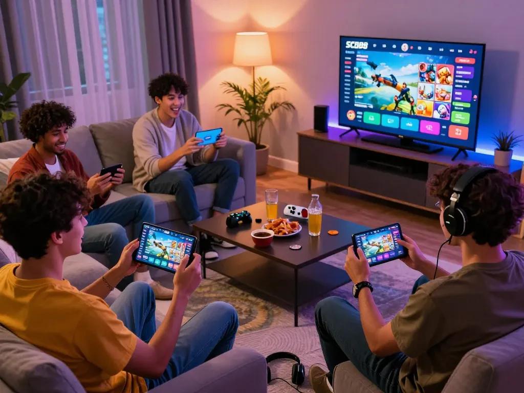 Engaged players enjoying the SC88 app on mobile devices in a lively living room, showcasing colorful games and an inviting atmosphere.