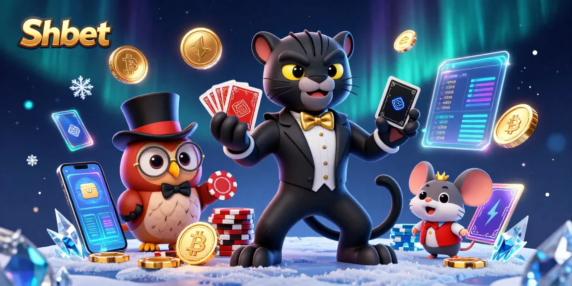 Shbet's stylish black panther dealer and friends showcase poker excitement with vibrant crypto elements.