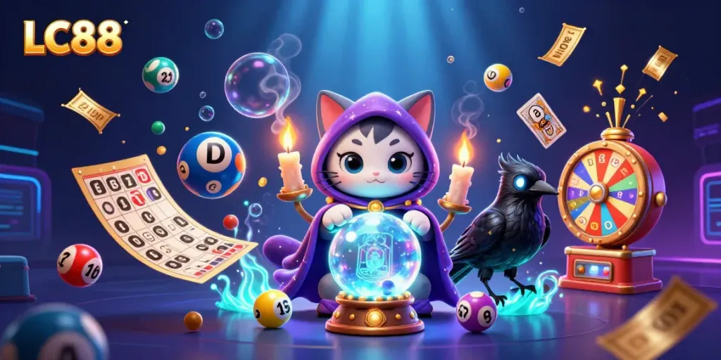 Engage with LC88's vibrant online casino scene featuring a mystical cat, tarot raven, and dynamic gaming elements.