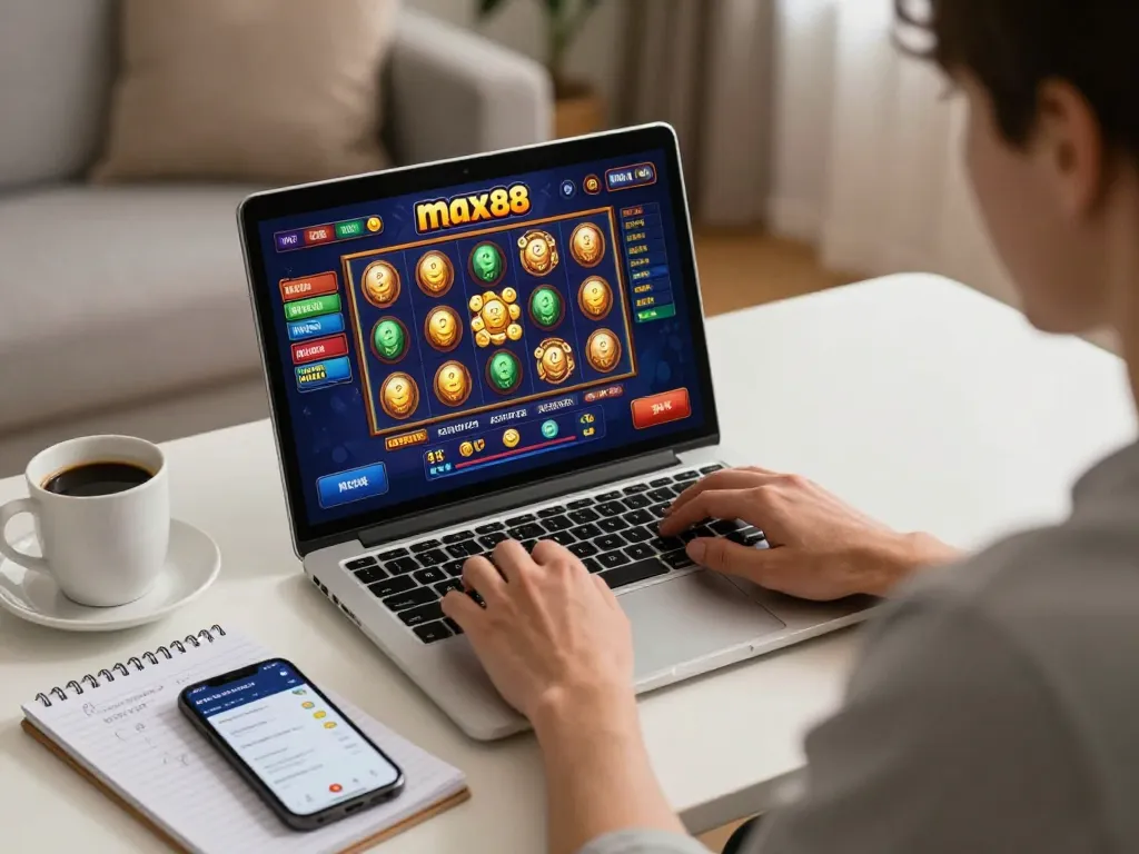 Enjoy slot gaming with max88 on a laptop showcasing rich visuals from a cozy setup.