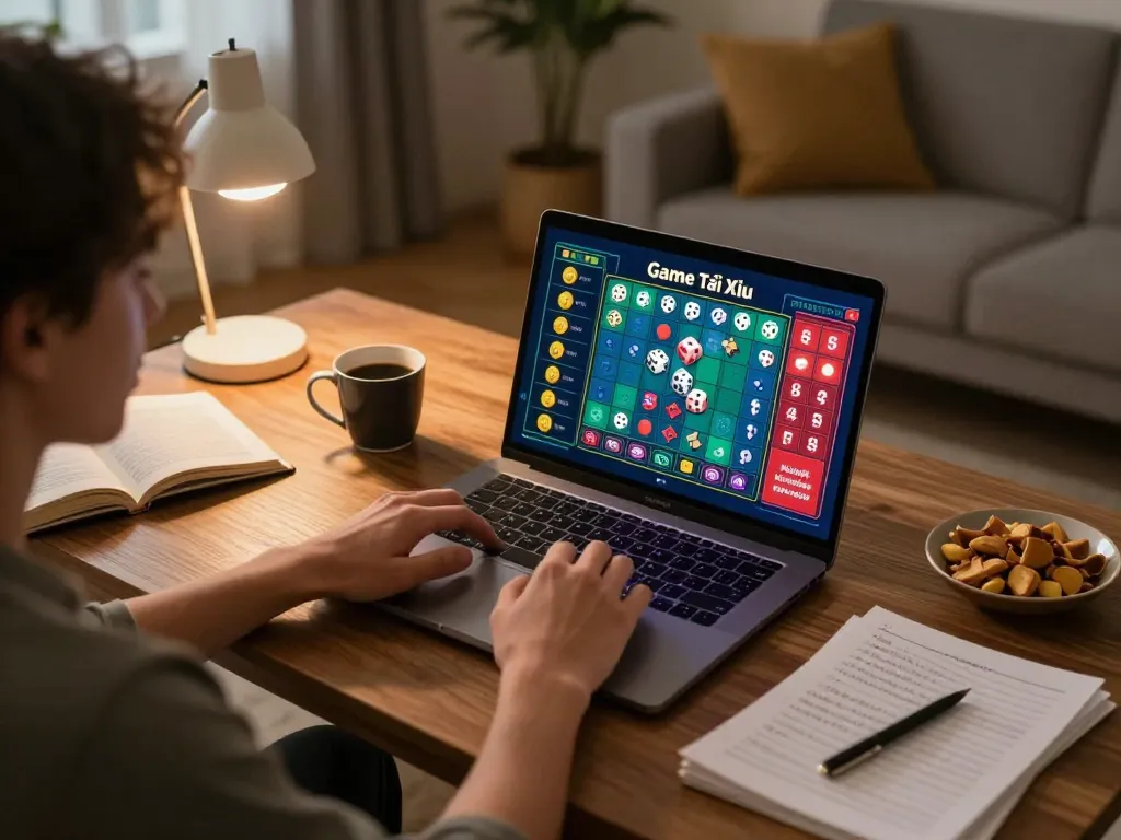 Player enjoying Game Tài Xỉu on laptop with vibrant interface, cozy home environment, strategic gambling.