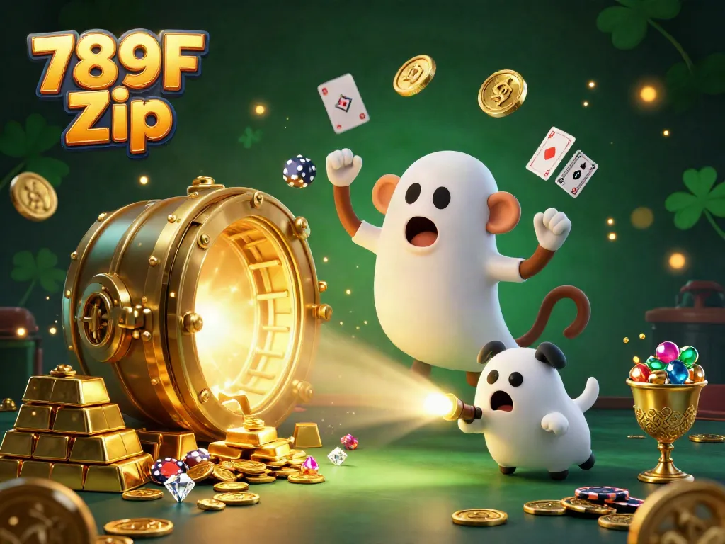 Experience the excitement of 789F Zip while a ghost-hunter puppy tracks a mischievous poltergeist monkey in a vibrant casino scene.