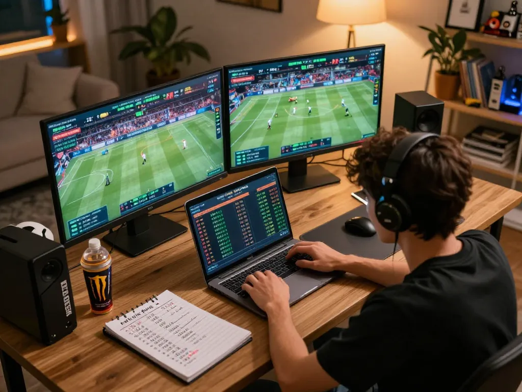 KUBET sports betting enthusiast placing bets on laptop with dynamic screens showing live events.