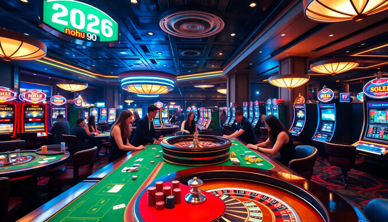 Exciting scene of players enjoying casino games at nohu 90, with vibrant poker chips and slot machines.