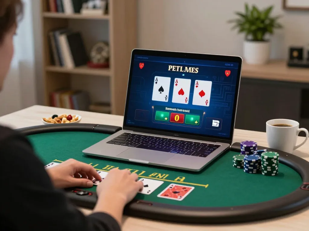 Player enjoying live dealer blackjack on their laptop, focusing on strategic bets with co88 platform.