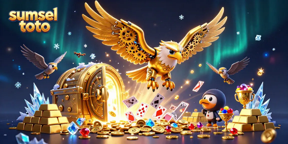 Experience the thrilling dive of the cybernetic golden eagle showcasing sumsel toto's vibrant casino elements.