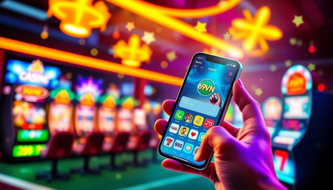 69VN mobile app displayed on a phone, surrounded by vibrant gaming elements, showcasing the exciting online gaming experience.