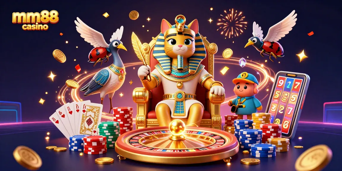 Experience vibrant gaming at mm88 casino with a whimsical 3D illustration featuring a pharaoh cat.
