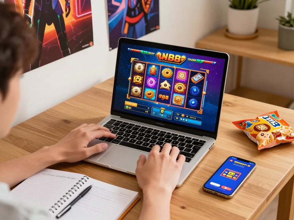 Engaging in exciting slot88 gameplay on a laptop at home, showcasing the vibrant online gaming atmosphere.