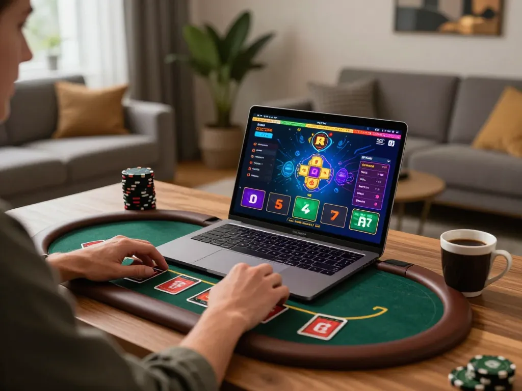 IWINCLUB user engaged in online blackjack, showcasing modern home gaming setup with laptop and coffee.