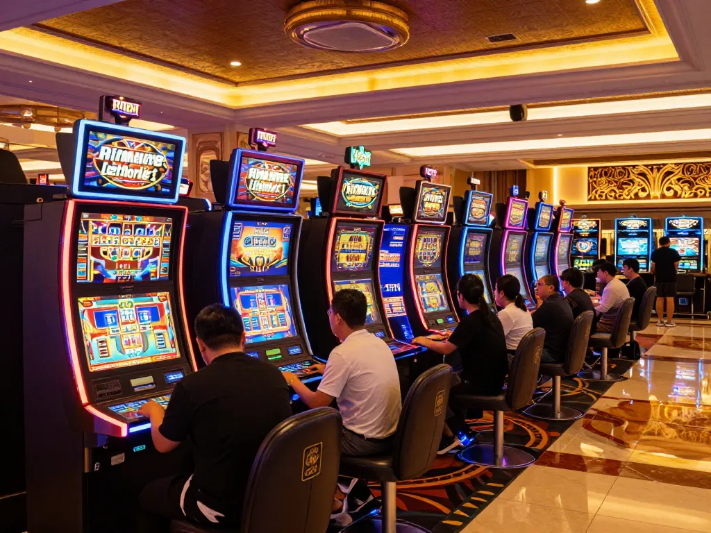 Players spin the reels at Nohu90's vibrant and exciting slot machines in a luxurious casino.