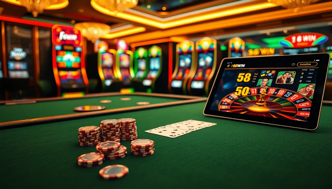Experience thrilling poker action at 58WIN's modern casino table with vibrant slot machines.