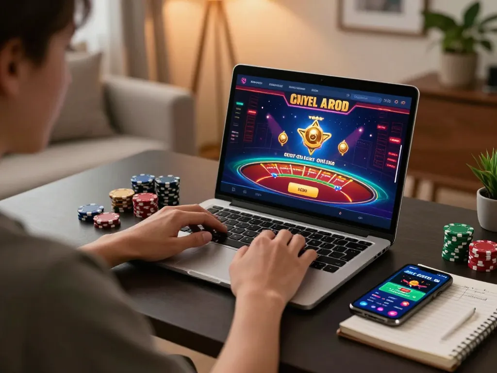 Person engaging with agen casino online gaming, laptop display showing vibrant casino interface and strategy notes