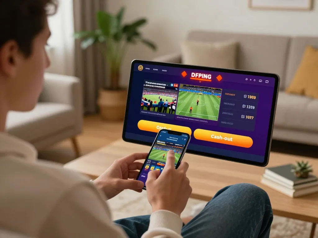Engaging with the now goal sports betting app on a smartphone in a cozy home environment.