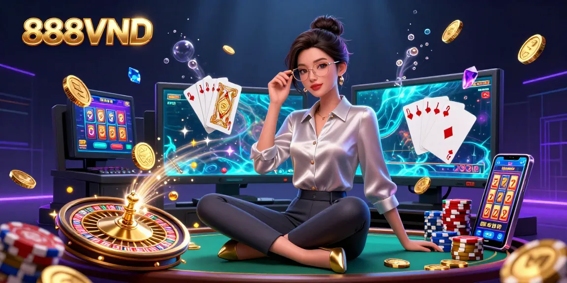 Experience thrilling casino action with 888VND as vibrant gaming elements surround players.