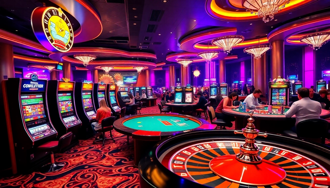 Exciting casino scene featuring vibrant slot machines and players at xn88com poker tables.