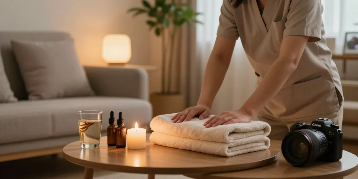 Serene home spa setting for 서대문출장안마 with oils and towels.