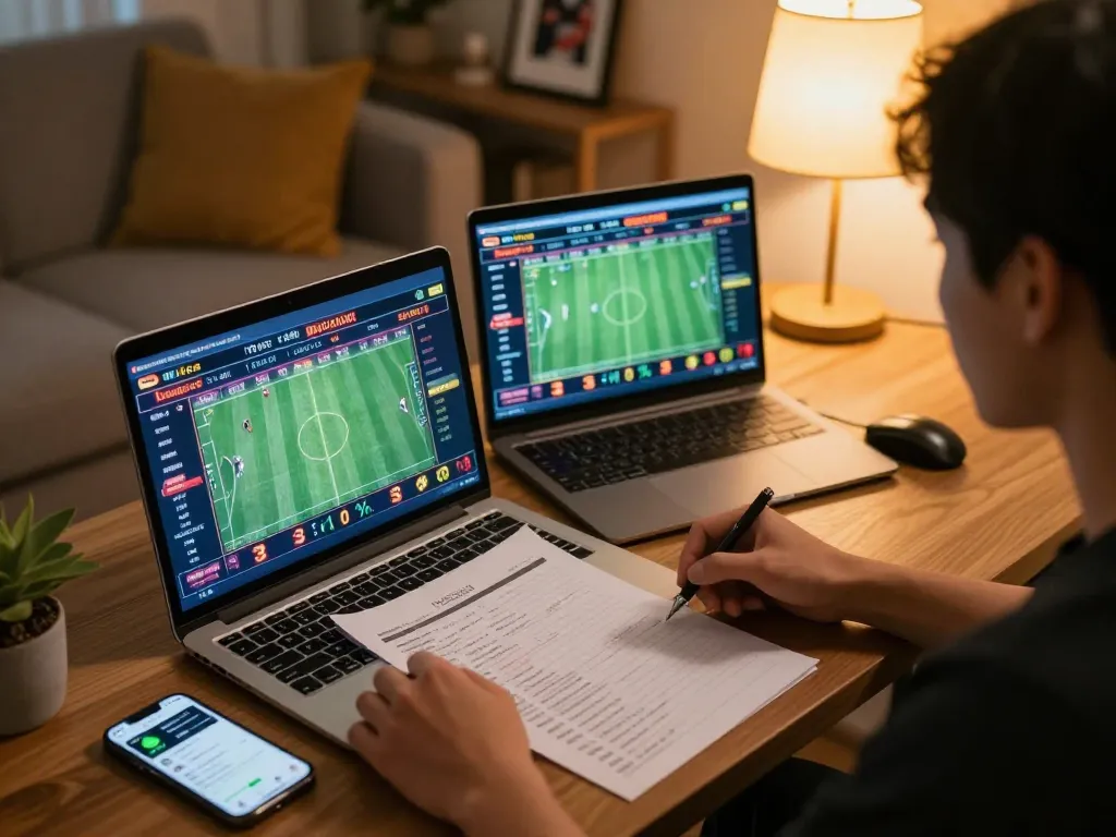 Engaging in sports betting while analyzing tỷ lệ kèo trực tuyến on multiple screens.