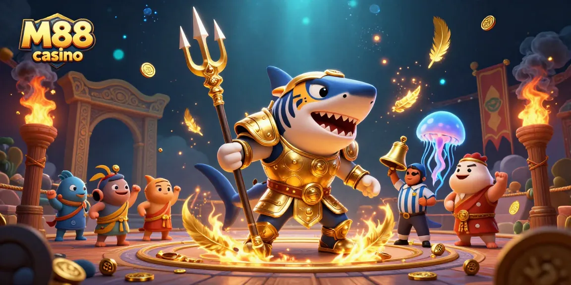M88 casino offers thrilling underwater betting excitement with a golden shark gladiator ready to win.
