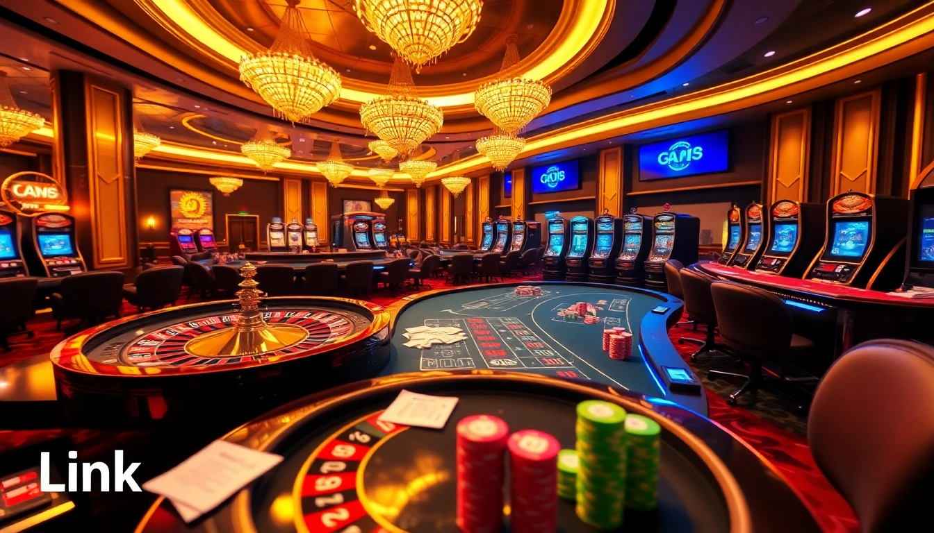 Experience thrilling gameplay at the luxurious Link GO8 casino, featuring poker chips and a roulette wheel.