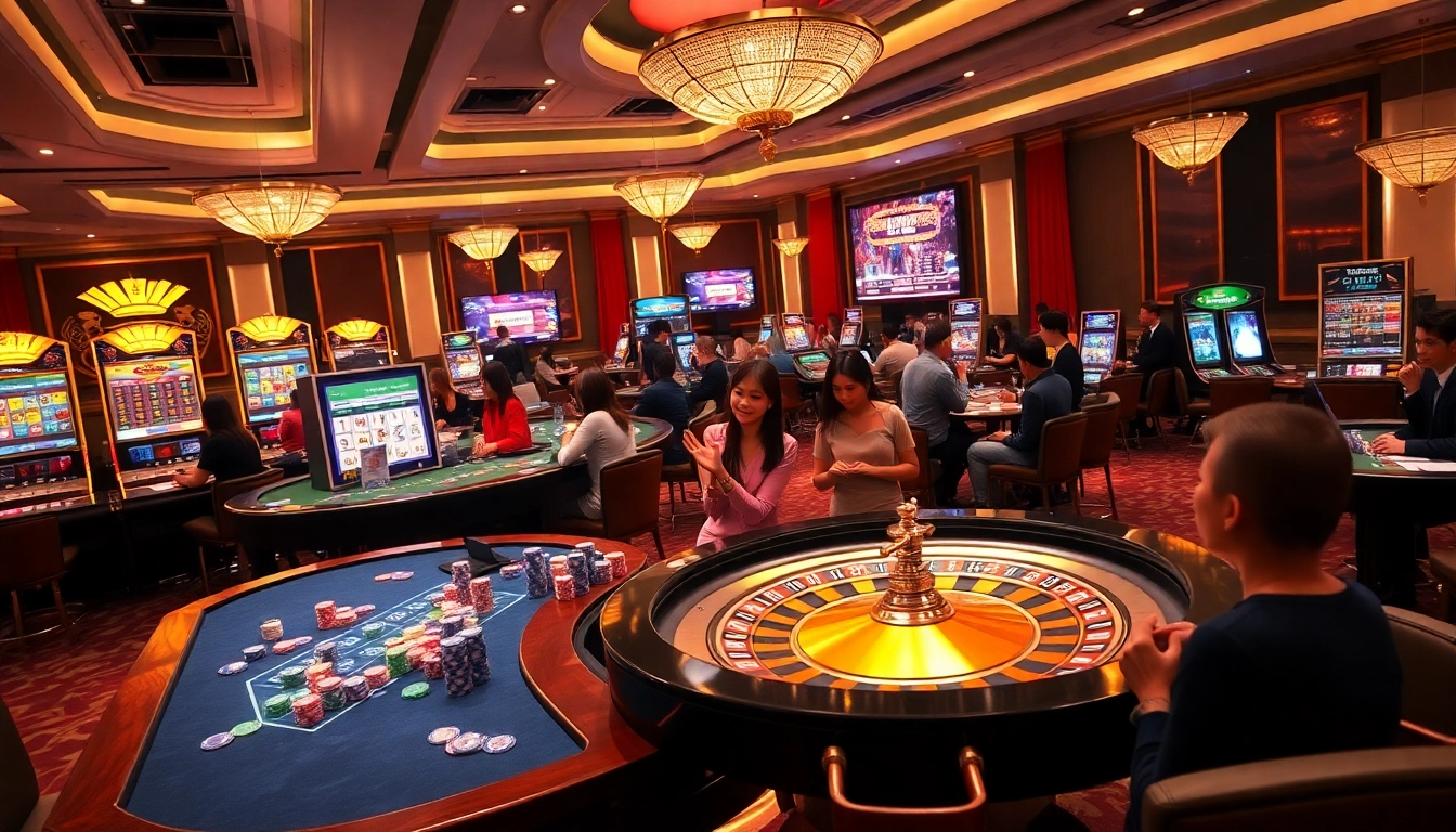 Dynamic online gaming scene highlighting nhà cái jun88 with poker chips, slot machines, and a roulette wheel.