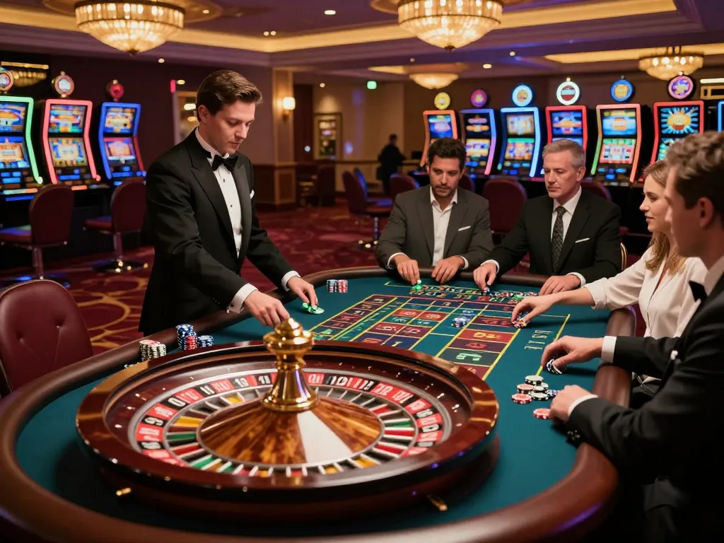 The SC88 roulette table in a luxurious casino setting captures players engaging eagerly in strategic betting.