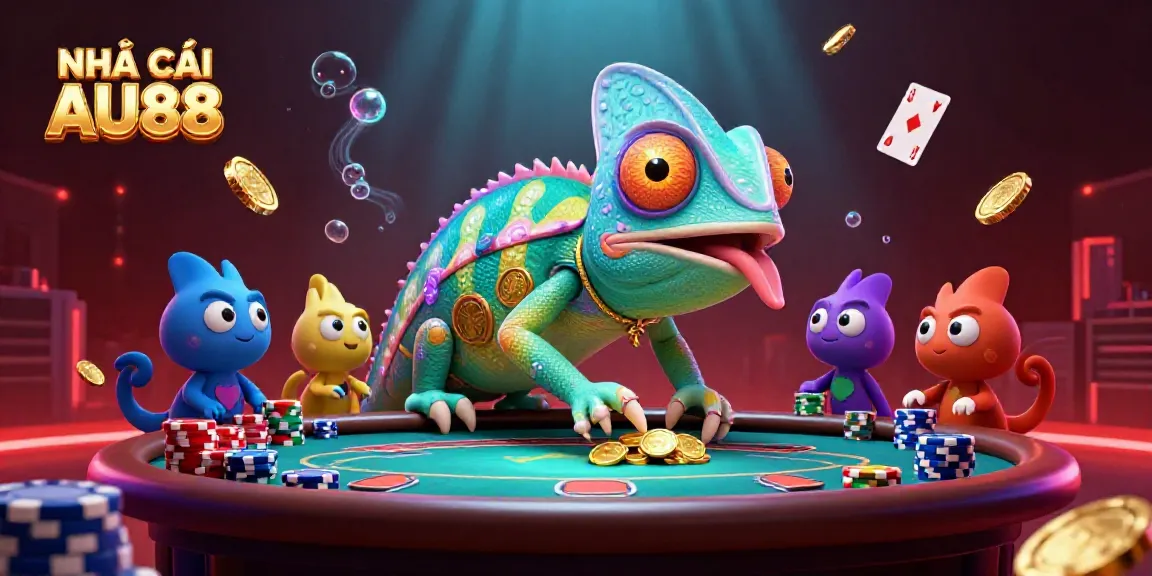 Experience the vibrant NHÀ CÁI AU88 casino scene with chameleon owner collecting coins and playing cards.