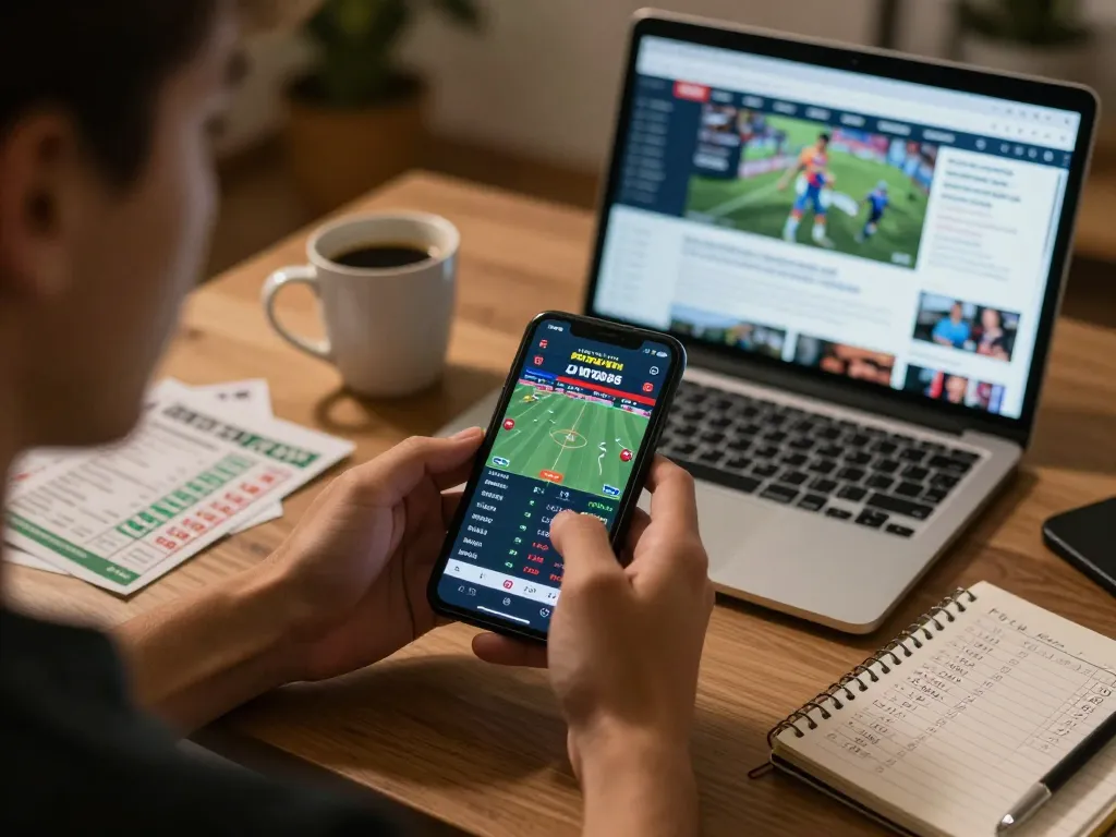 Exciting moment of online sports betting at home, showcasing 58win1 on smartphone with live match stats.