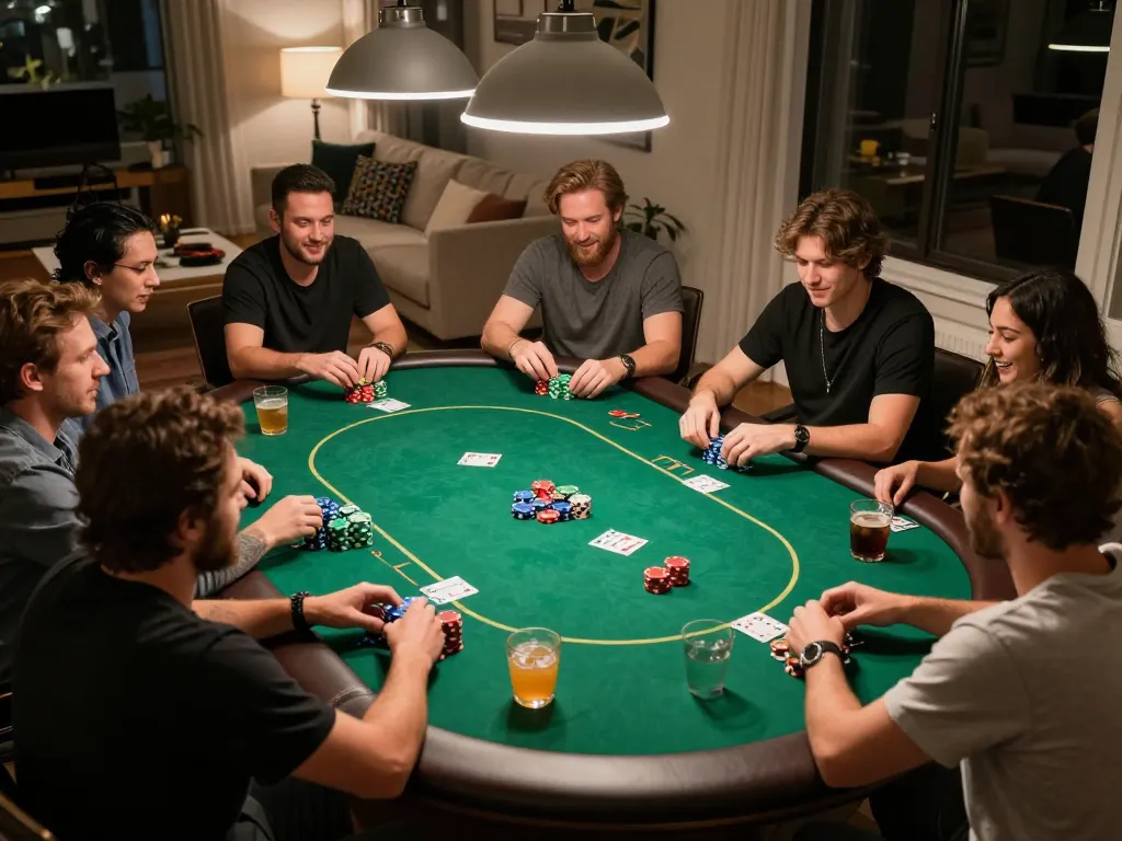 A lively home poker night at the Go8 club with friends strategizing over Texas Hold'em.
