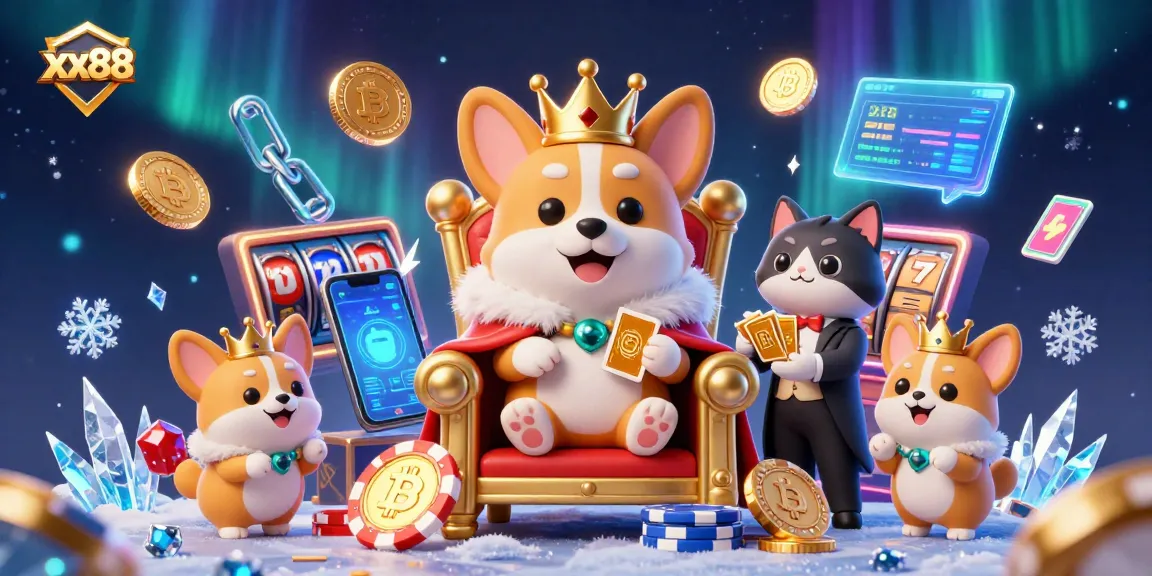 Experience the excitement of xx88 with a royal corgi on a poker chip throne surrounded by crypto coins.